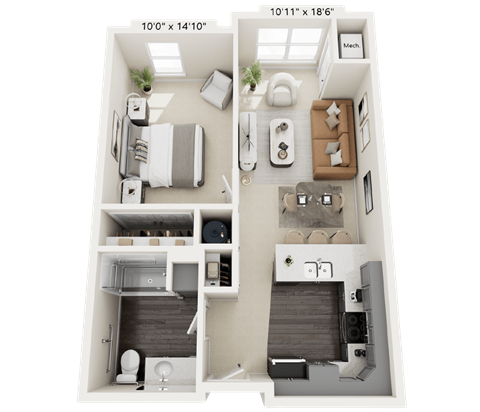 Floor plan for 1 bed, 1 bath